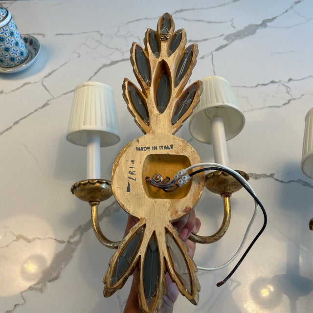 Vintage Mid-Century Italian Giltwood & Mirror Wheat Sheaf Two-Light Wall Sconces - a Pair For Sale - Image 4 of 12