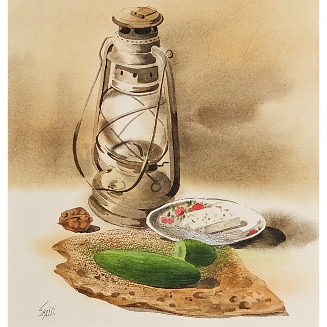 Late 20th Century Still in Life Watercolor Painting Framed Lantern Signed Original For Sale - Image 5 of 9