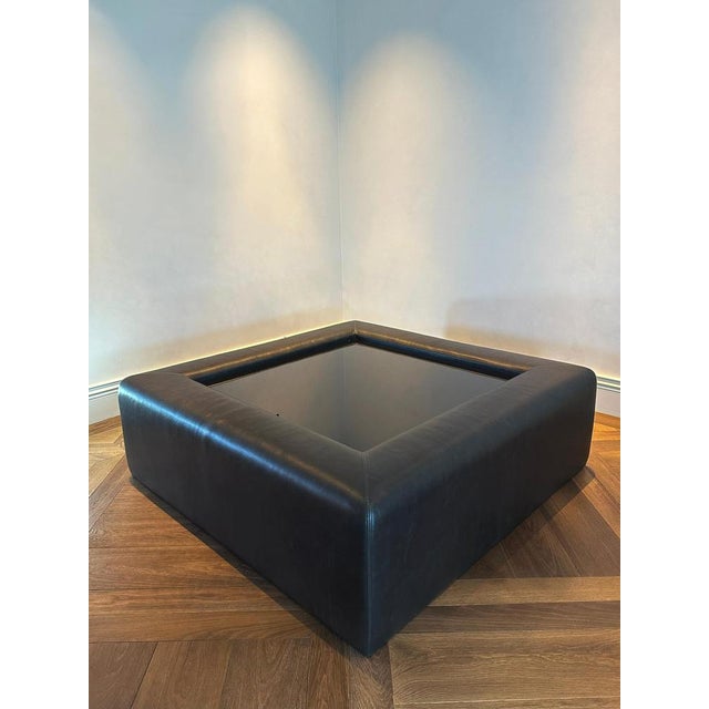 Modern Upholstered Leather Coffee Table with Black Glass Top, 2014 For Sale - Image 6 of 11