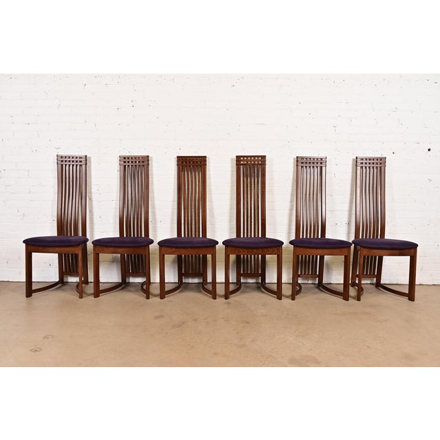 An exceptional set of six Arts & Crafts style high back dining chairs In the manner of Frank Lloyd Wright or Charles...