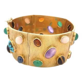 18k Coral Amethyst Gold Gemstone Large Panel Link Bracelet For Sale