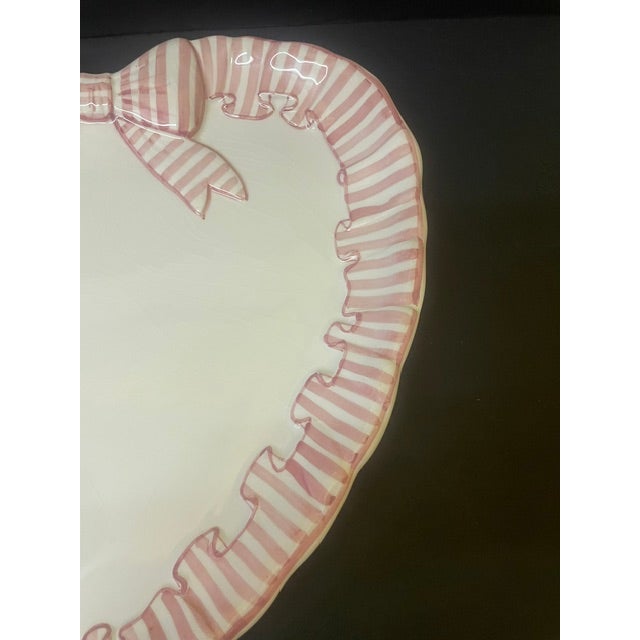 Shabby Chic Vintage 1989 Angora / Haldon Group "Pink Stripe" Ribbon Bow Heart Platter - Rare 14" For Sale - Image 3 of 17