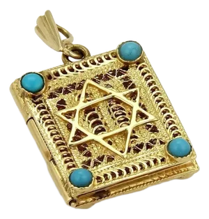 Turquoise 14k Yellow Gold Filigree Jewish Holy Book Charm Pendant