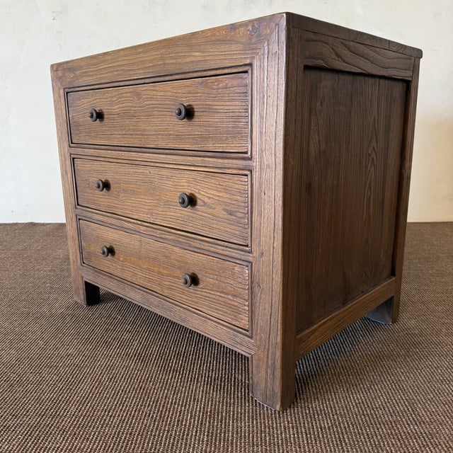 30”w x 20.5”d x 26”h Drawers: 22.75″ x 16.25″ x 3.75″H Finish: Chestnut Reclaimed Elm Wood Wood on wood glides Our dresser...