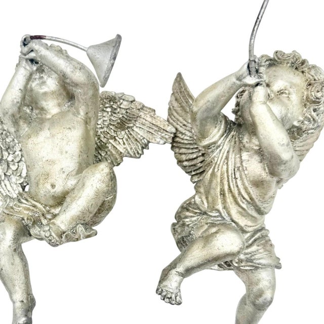 1990s Vintage Silver Cherub Angel Shelf Sitters Playing Horns – Pair For Sale - Image 5 of 6