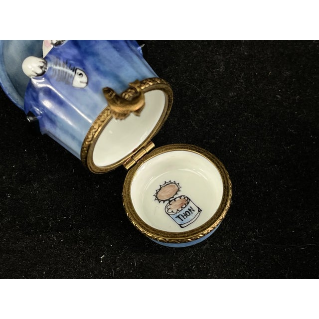 Limoges Peint Main Cat in Trash Can Figural Box - Hand Painted in France