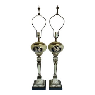 Pair of Neoclassical French Greek Eglomise Glass Lamps For Sale