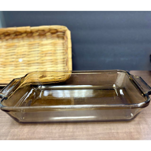 Vintage Anchor Hocking Amber Glass Bakeware With Rattan Basket – 4 Piece Set – 1970s Glass Baking Dishes Casseroles For Sale - Image 11 of 12