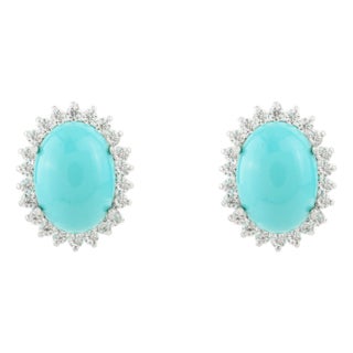 Statement Oval Cut Turquoise Halo Cubic Zircon Stud Earrings- A Pair For Sale