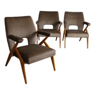 Armchairs with Wooden Structure & Velvet Upholstery by Antonio Gorgone, 1950s, Set of 3 For Sale