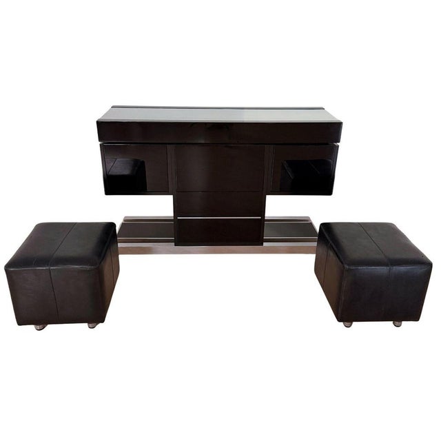 Convertible Bar and Stools in Black Lacquer, Chrome & Leather, Italy, 1970s, Set of 3 For Sale - Image 3 of 18