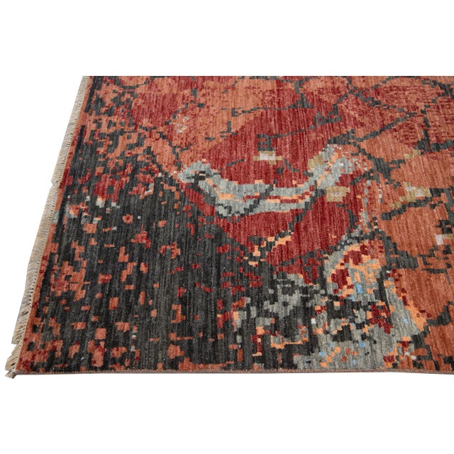 Modern Orange and Gray Handmade Geometric Abstract Wool and Silk Rug For Sale - Image 4 of 10