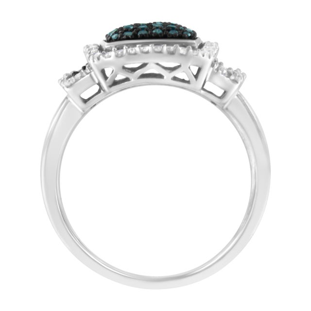 Black Rhodium Plated .925 Sterling Silver 1/2 Cttw White & Blue Diamond Square Halo Cocktail Ring (Fancy Blue & H-I Color, I2-I3 Clarity) - SIze 6-1/2 For Sale - Image 4 of 7