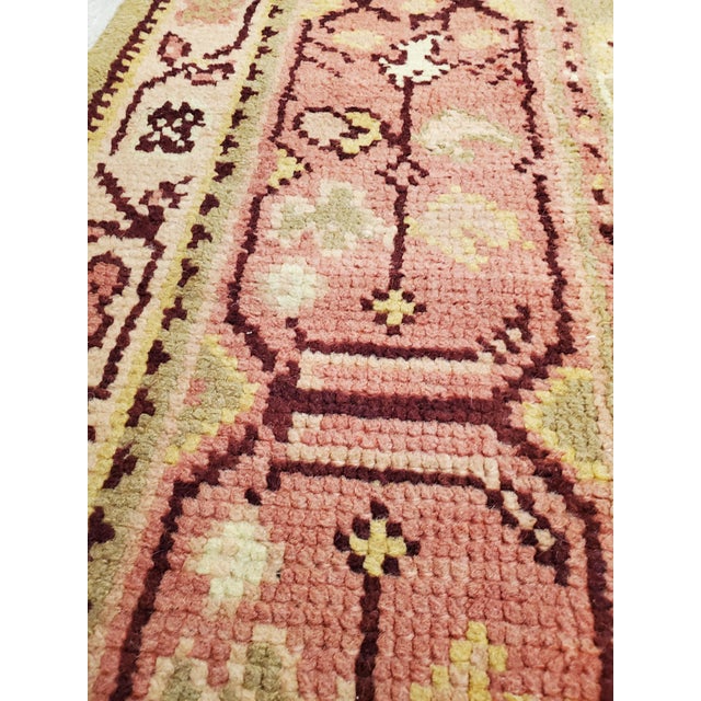 Textile Antique Oushak Carpet, Handmade Oriental Rug, Pale Green, Coral, Taupe and Cream For Sale - Image 7 of 16