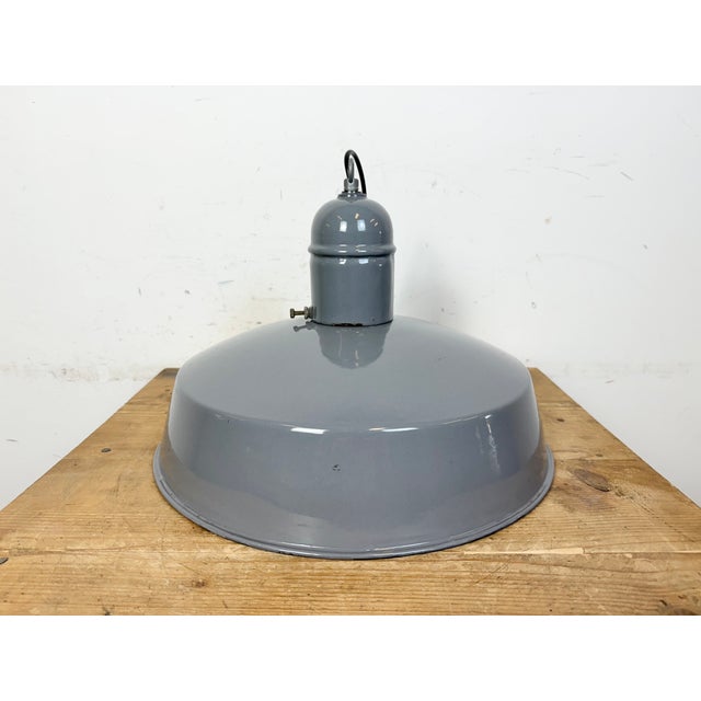 Industrial Grey Enamel Factory Pendant Lamp, 1960s For Sale - Image 12 of 18