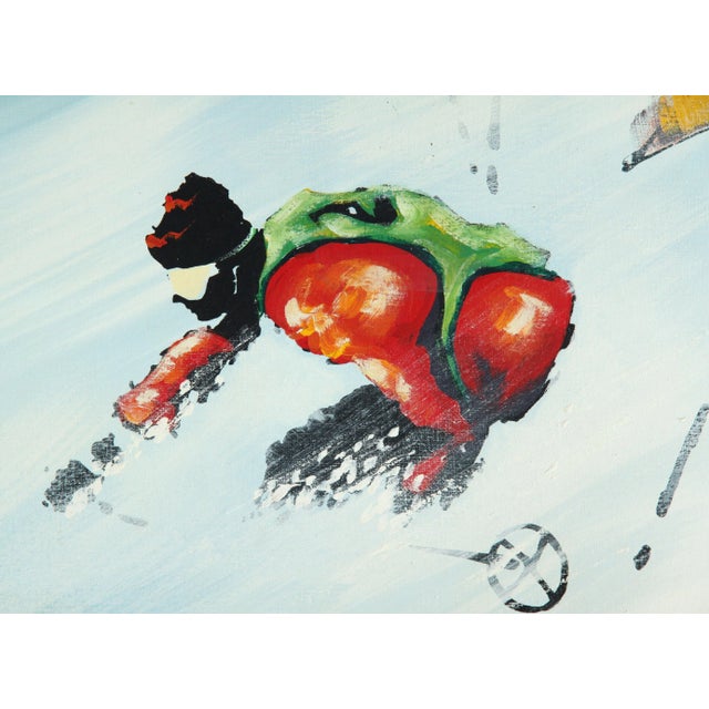 This 1970's ski school acrylic on canvas painting measures 37" wide by 37" tall and is a colorful and vibrant...