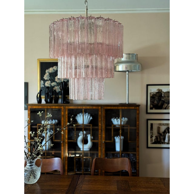 Large Pink Colorful Murano Chandeliers with Tubular Prisms Tronchi, Set of 2 For Sale - Image 5 of 16