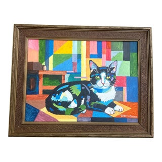 Contemporary Original Glenn Moore Cubist Style Cat Painting For Sale