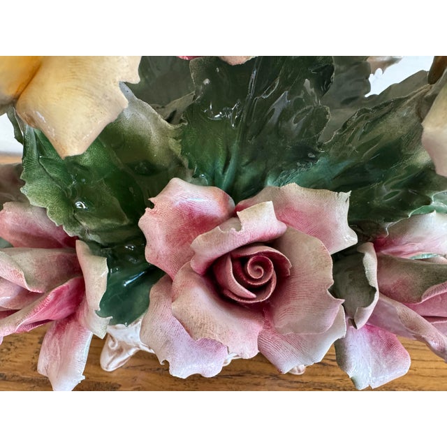 1960's Capodimonte Italian Porcelain Rose Flower Basket Centerpiece, Footed Rococo Floral Bouquet Sculpture For Sale - Image 9 of 11