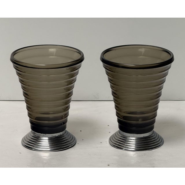Metal Art Deco Vases of Ribbed Smoked Glass and Chrome - From France (Two Available) For Sale - Image 7 of 15