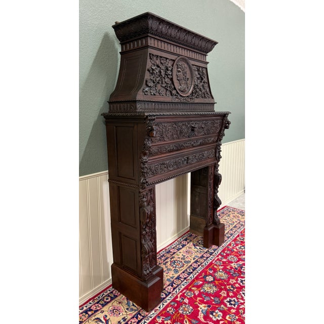 Antique French Fireplace Mantel Surround Renaissance Revival Carved Oak 19thC For Sale - Image 12 of 17
