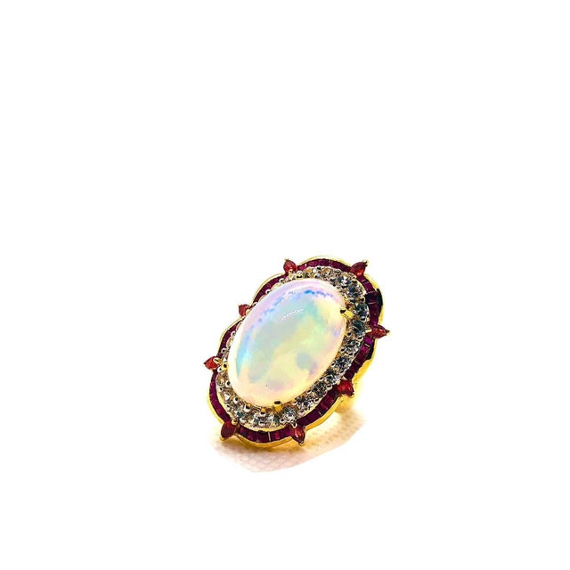 Bochic “Orient” Vintage Art Deco Ruby & Fire Opal Ring Set In 18 K Gold & Silver For Sale - Image 11 of 12