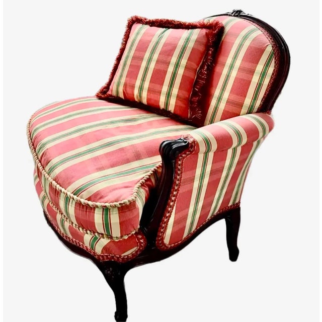 Elegant 19th century oak bergère, recently upholstered in a high quality plaid fabric with matching pillow. Cabriole legs,...