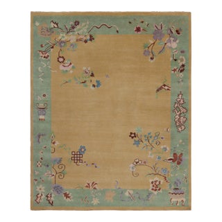 Rug & Kilim’s Chinese Art Deco Style Rug in Gold-Green Floral Pattern For Sale