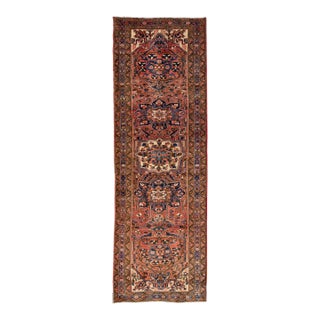 1960s Vintage Persian Heriz Red Handmade Medallion Wool Runner For Sale