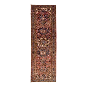 1960s Vintage Persian Heriz Red Handmade Medallion Wool Runner