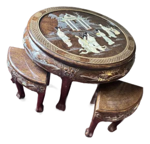 Vintage Chinese Chinoiserie Lacquer Round Cocktail Table & 4 Nesting Stools | Court Beauty Garden Scene
