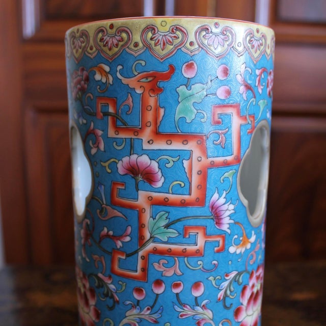 Ceramic Cerulean Blue Chinese Porcelain Hat Stand Vases - A Pair For Sale - Image 7 of 14