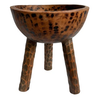Vintage Wood Carved Rustic Tribal Bowl on Legs For Sale