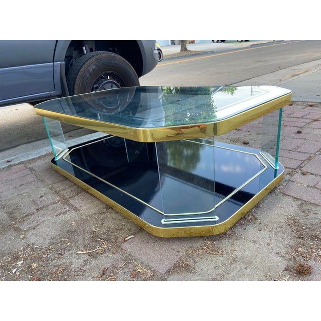 Vintage Hollywood Regency Style Black Lacquer and Glass Floating Coffee Table With Patina For Sale - Image 11 of 18