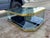 Vintage Hollywood Regency Style Black Lacquer and Glass Floating Coffee Table With Patina For Sale - Image 11 of 18