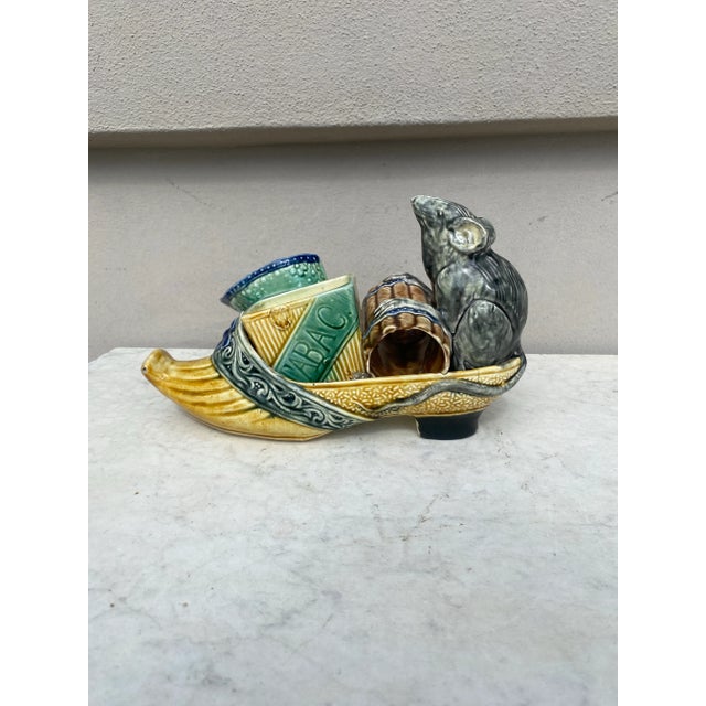 Belgium Majolica Rat Smoke Set Wasmuel , circa 1900. H / 6.5 inches , 10.5 by 5 inches.
