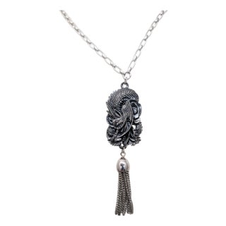 Vintage 1972 Signed Napier Silvertone Dragon Tassel Pendant Necklace For Sale