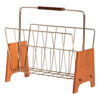 Scandinavian Magazine Rack in Teak and Brass, 1960s For Sale