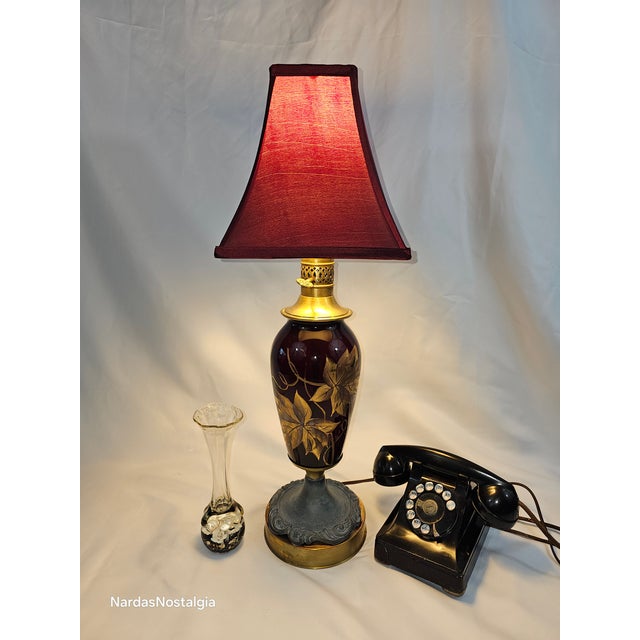 Traditional Vintage 1930s Czechoslovakia Bohemian Style Hand Painted Floral Cranberry Glass With Pewter Base Table Lamp For Sale - Image 3 of 12