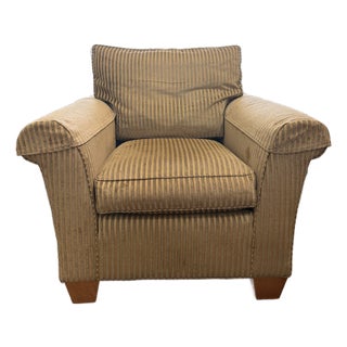 Vintage Stickley Fine Upholstery Club Arm Chair in Neutral Striped Fabric For Sale