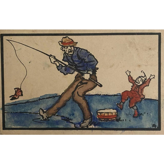 Unknown - the Fisherman - Original Watercolor Drawing - 1920s For Sale - Image 3 of 3