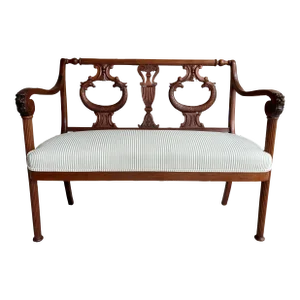 Antique Hand-Carved Mahogany Chair-Backed Settee in Jake Stripe by Perennials in Linen Colorway