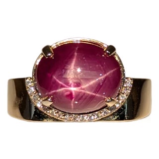 7.3ct Star Ruby Ring W Natural Diamond Accents in Solid 14k Gold | Ov 10.5x9.6mm, Size 6.75 For Sale