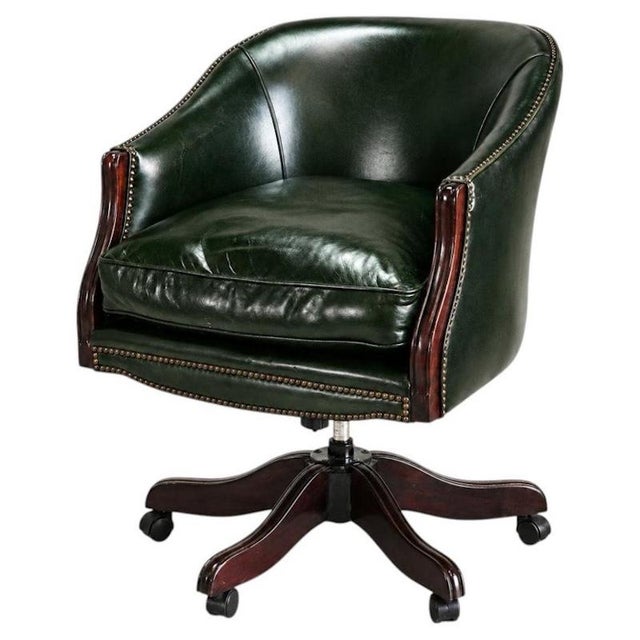 Vintage Racing Green Leather Swivel Desk Chair Mahogany-Toned Base and Nail Trim, 1990s For Sale - Image 10 of 10