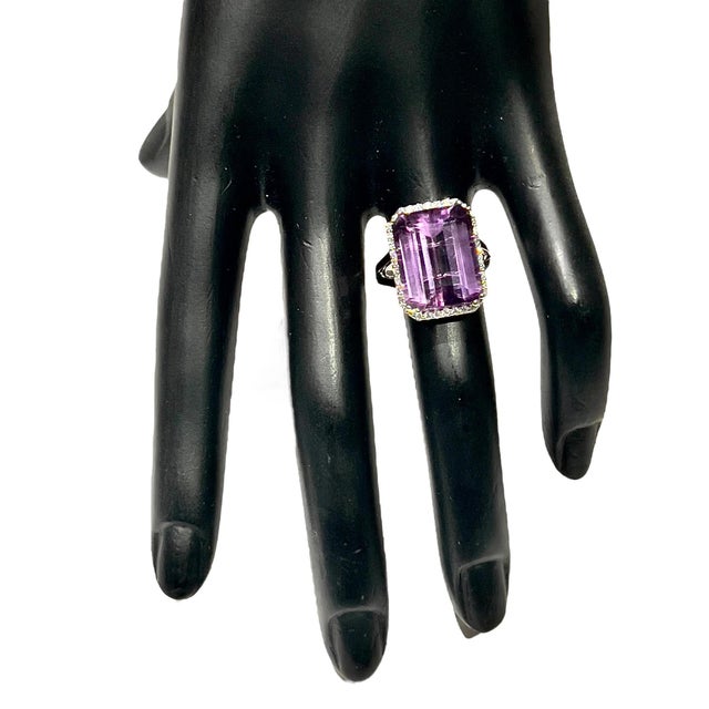 2010s Natural Amethyst Diamond Ring Size 6.5, 14k Gold 12.48 TCW Certified For Sale - Image 5 of 13