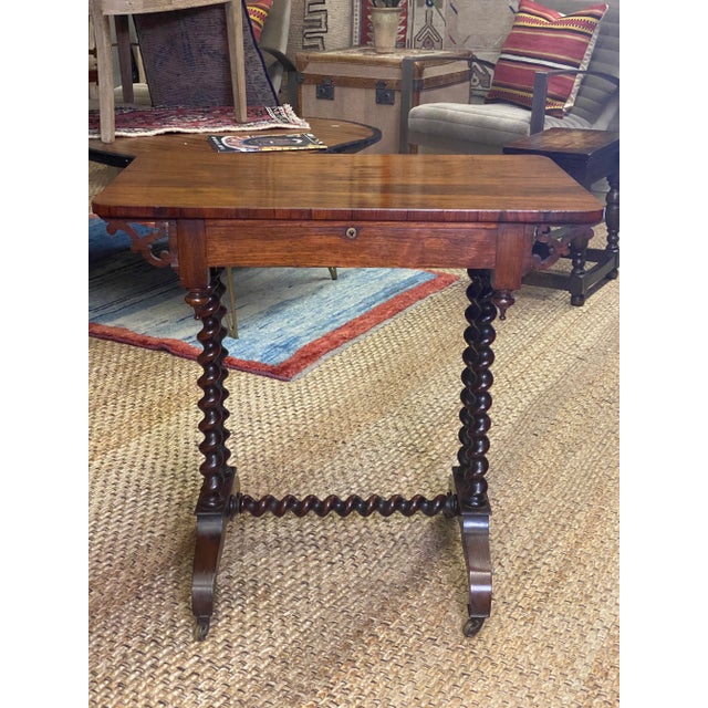 Antique Circa 1850 Rosewood English Barley Twist Stretchered Side Table with Drawer For Sale - Image 11 of 13