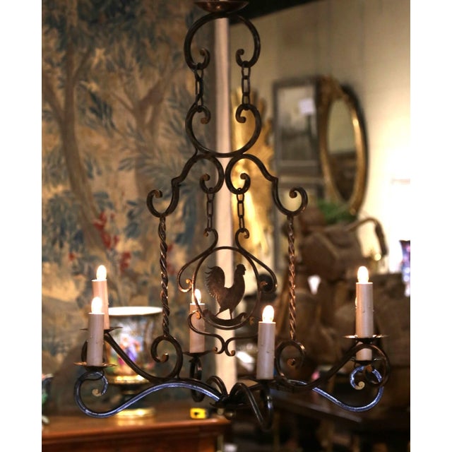 French Late 20th Century French Hand-Forged Polished Iron Six-Light Rooster Chandelier For Sale - Image 3 of 8