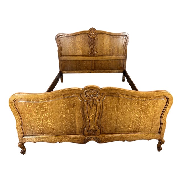 Vintage French Louis XVI Oak Double Bed Frame with Carved Headboard For Sale