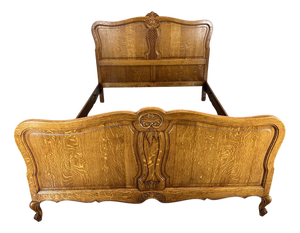 Vintage French Louis XVI Oak Double Bed Frame with Carved Headboard