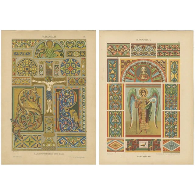 Romanesque Manuscript and Mural Art from Ornamentenschatz, 1887, Paper, Set of 2 For Sale